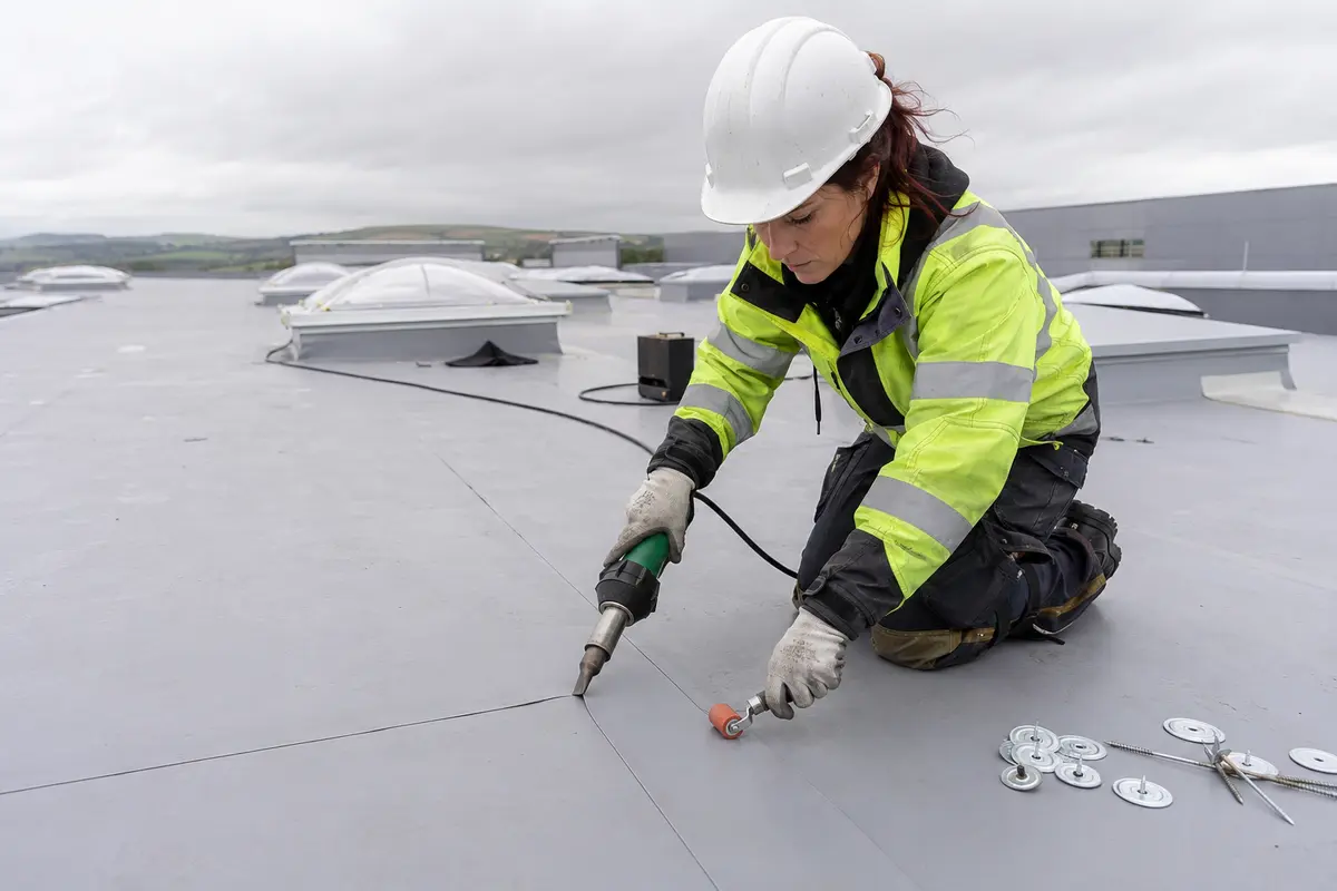 Roofer hot-air welding a single-ply membrane lap on a commercial flat roof
