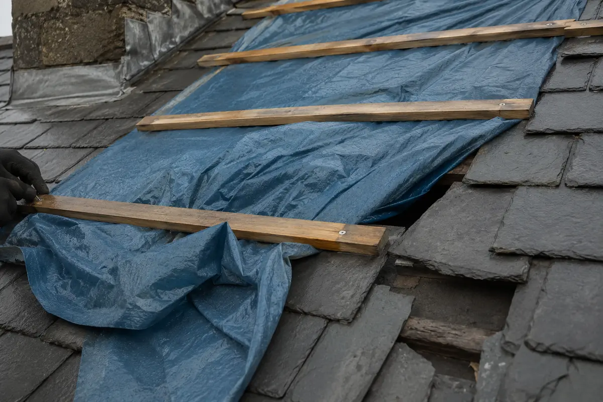 Roofer fitting an emergency tarpaulin cover over a storm-damaged roof