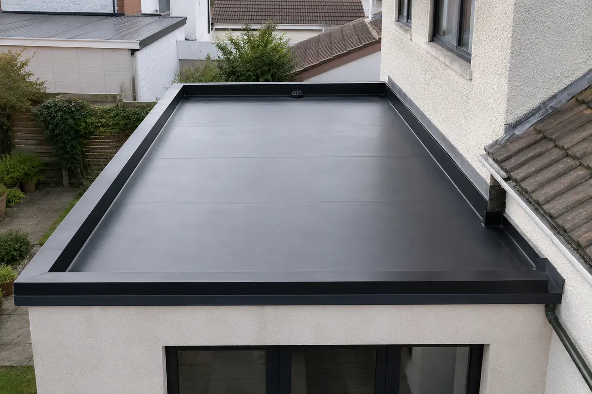 Finished black EPDM flat roof on an Irish house extension