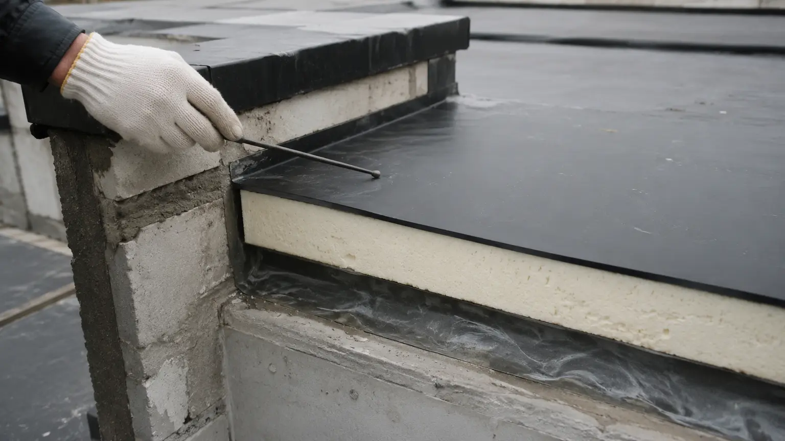 Cross-section of a flat roof showing deck, insulation and EPDM membrane