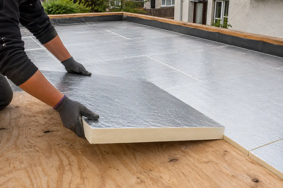 PIR insulation boards being laid on a flat roof deck before the membrane