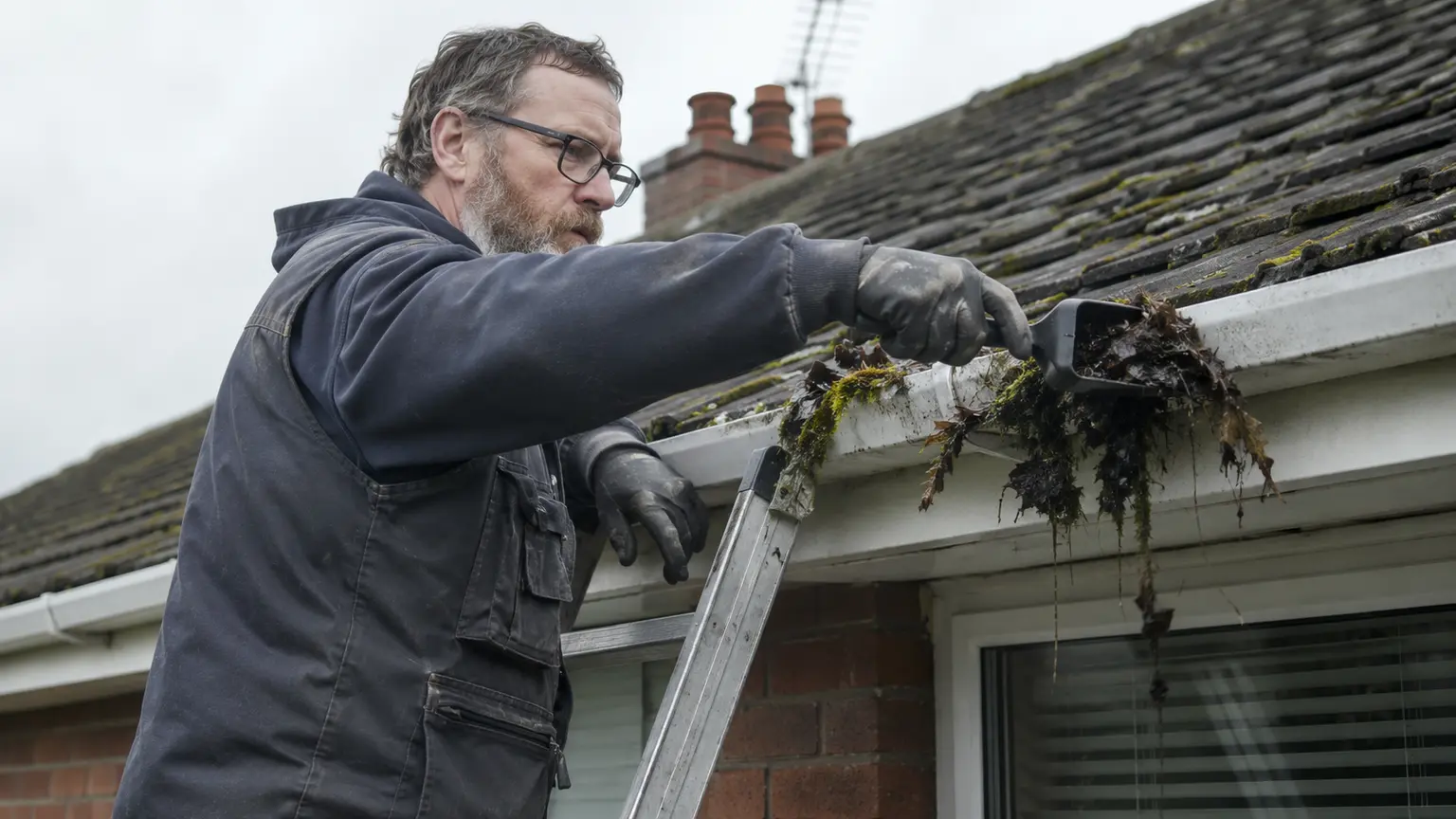 Roofer clearing leaves and debris from a blocked gutter at the eaves
