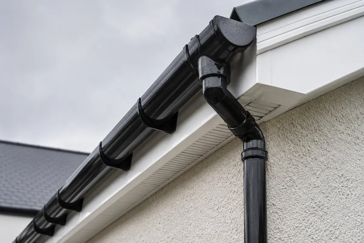 New black uPVC gutter and downpipe on the fascia of an Irish house