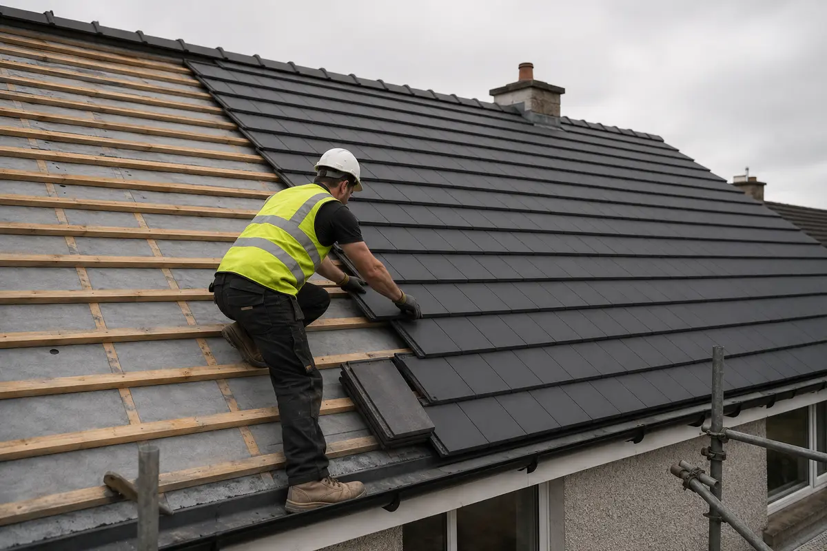 Roofer laying new concrete tiles on battens during a re-roof in Ireland