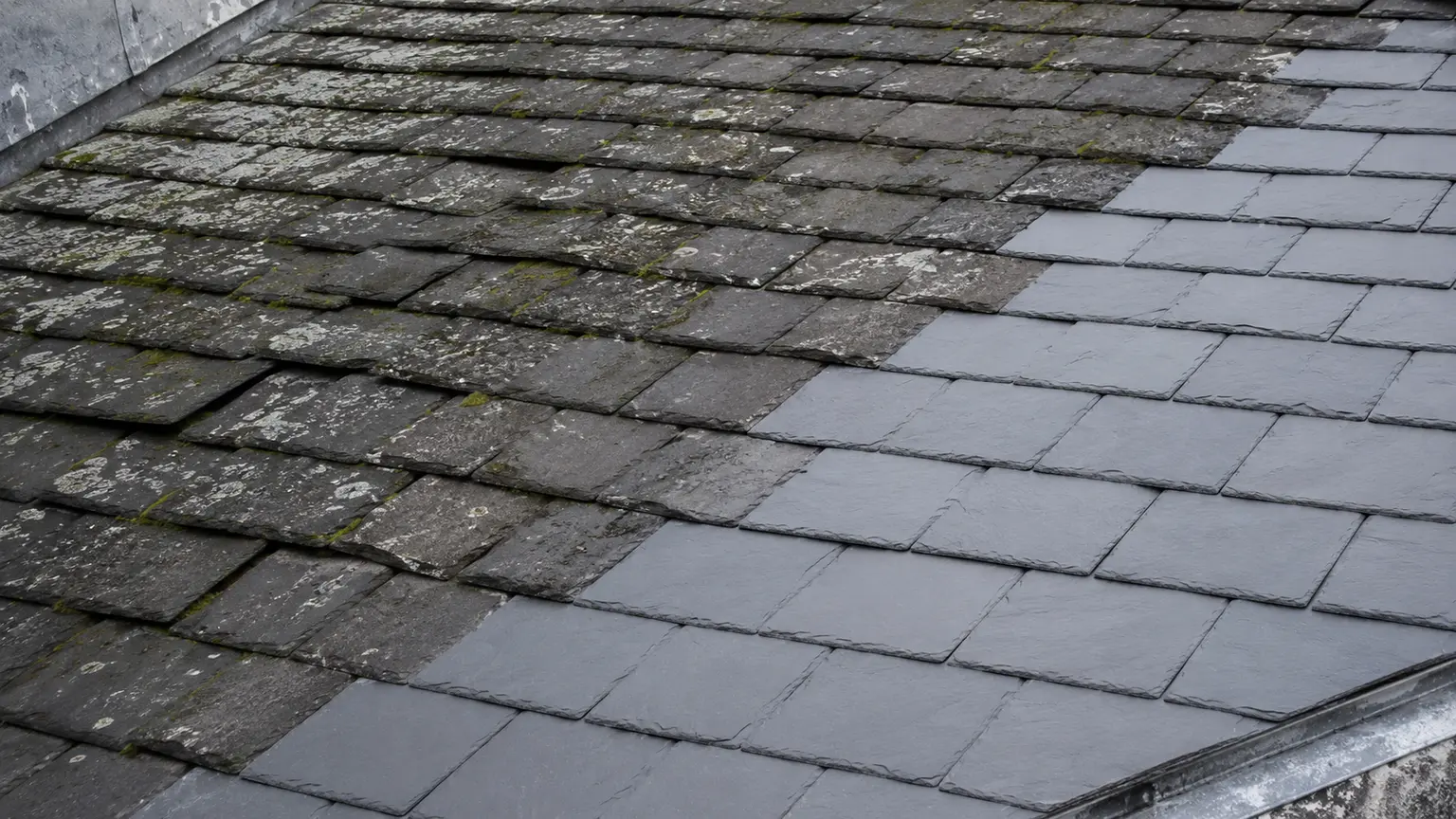 New slate beside old weathered slate showing the difference in condition