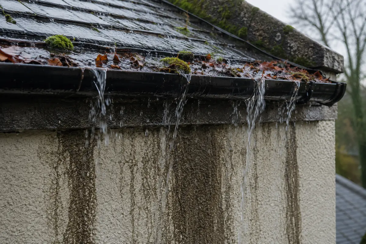 Blocked gutter overflowing with rainwater down the wall of an Irish house