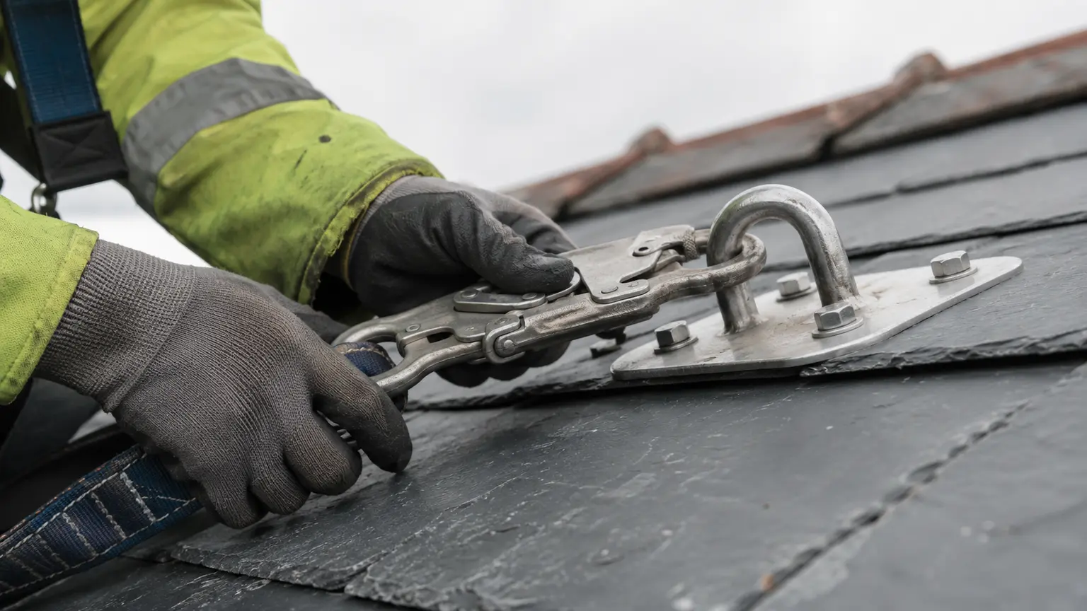 Roofer in safety harness securing new slates on replacement roof
