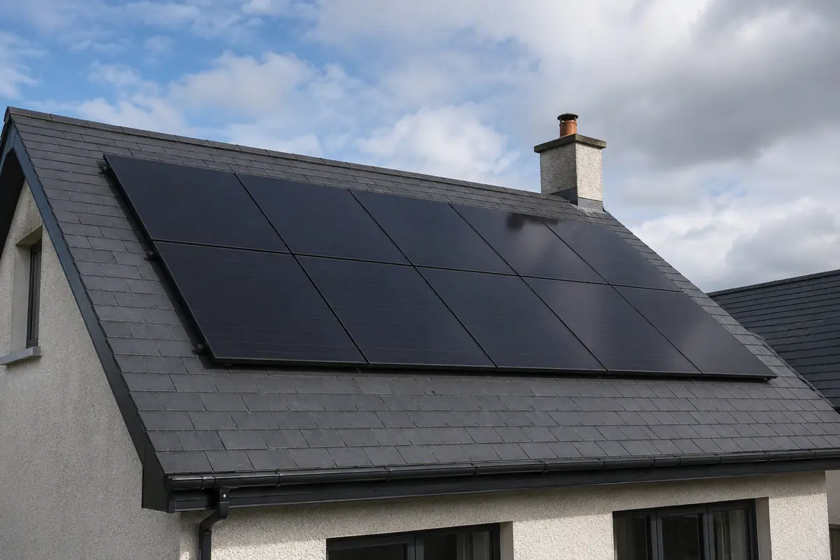 Solar panels mounted on a newly slated pitched roof in Ireland