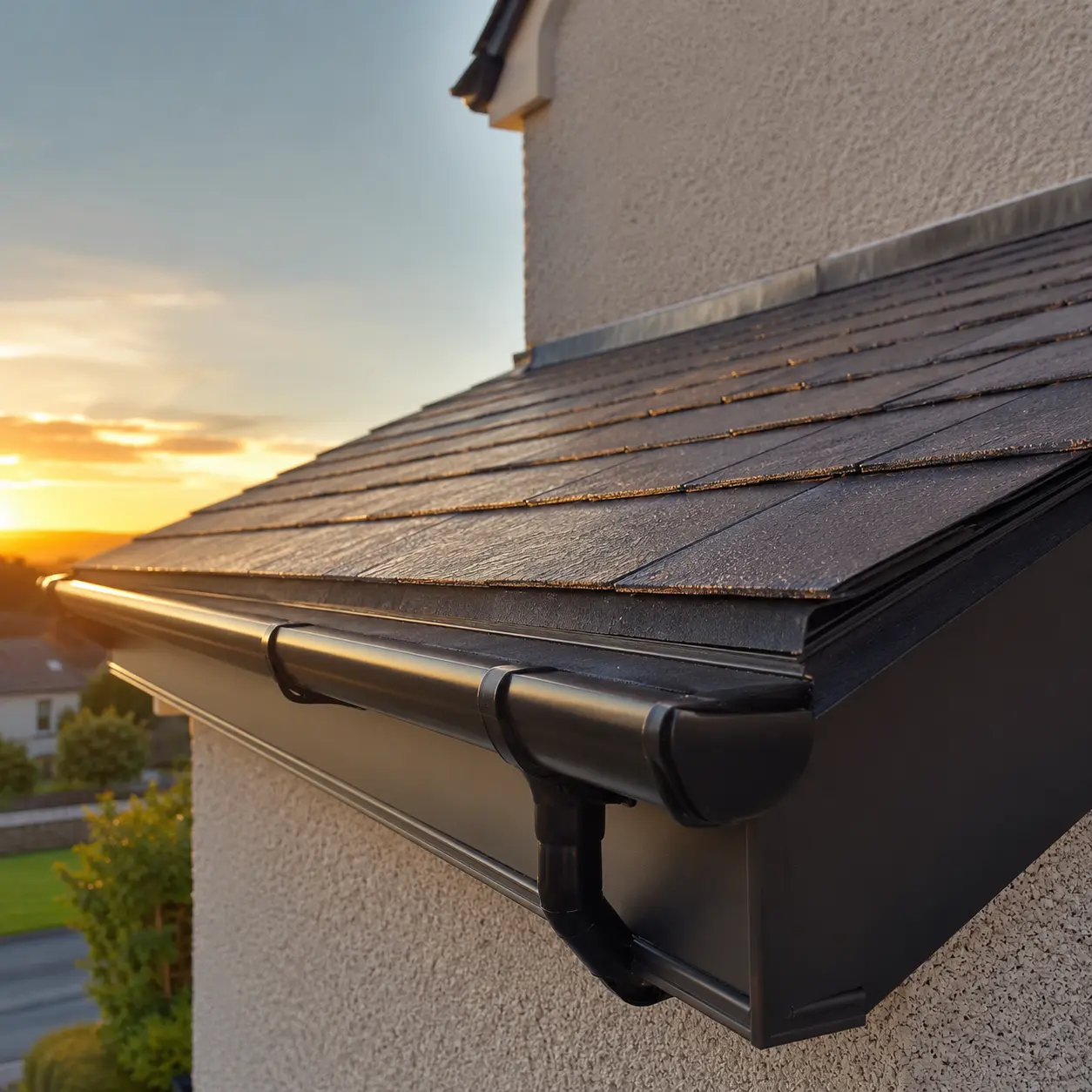 Black guttering and a finished tiled roof at sunset