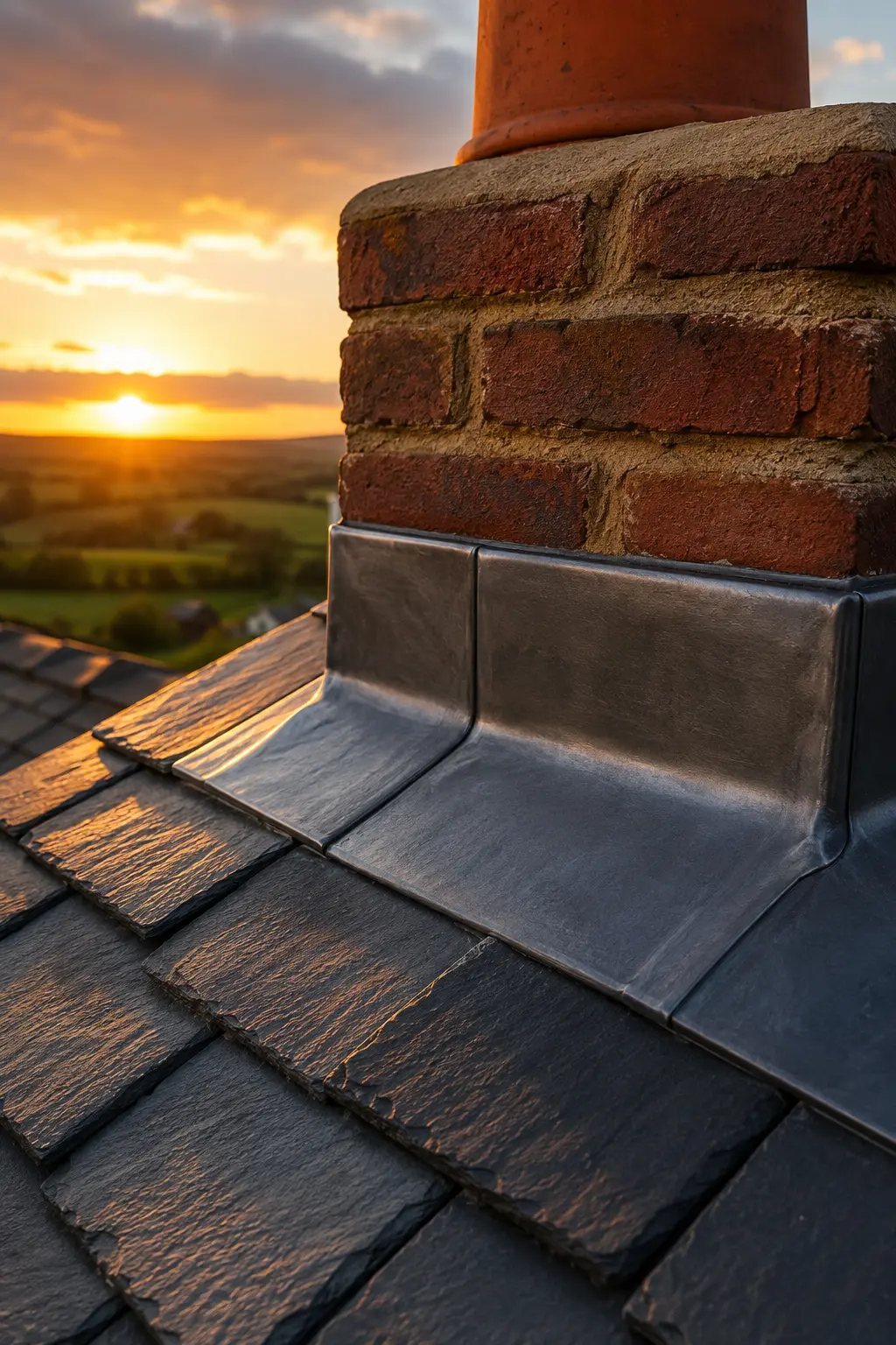 Lead flashing around a chimney at sunset