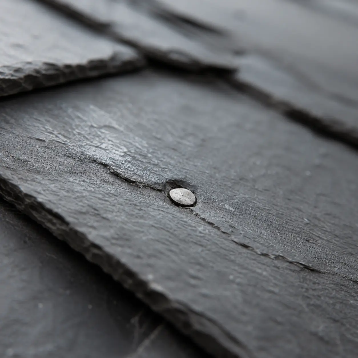 Close-up of a copper nail fixing a natural slate