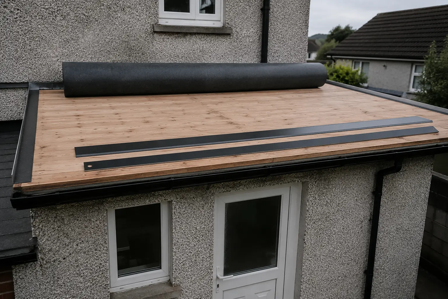 New EPDM flat roof deck on a house extension