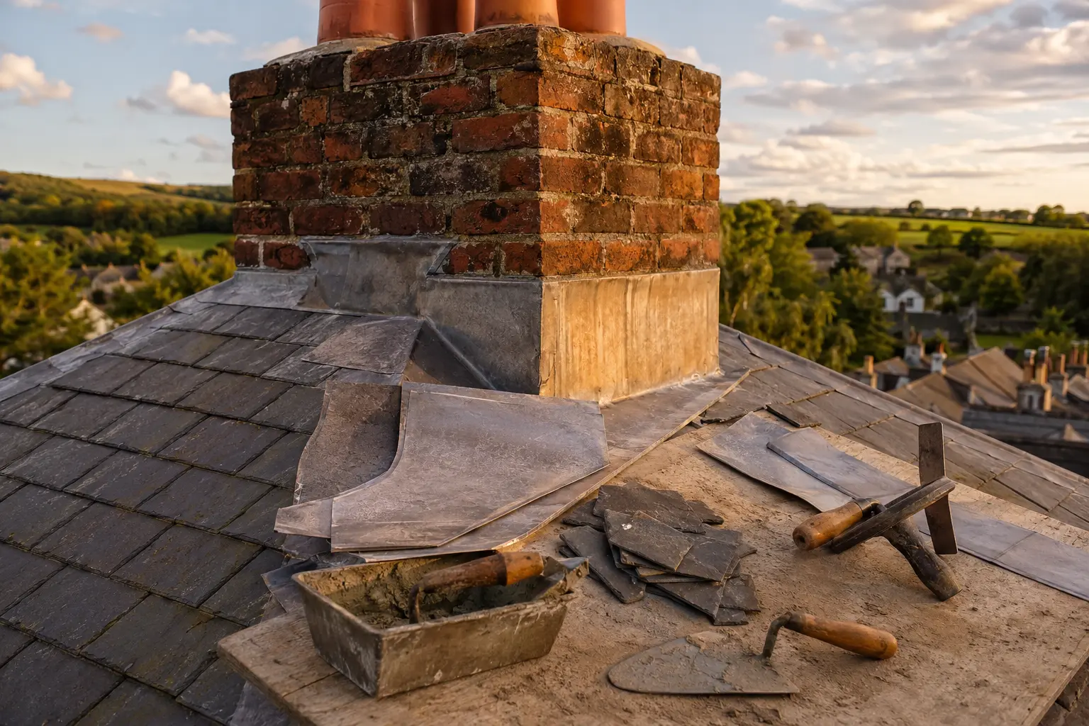 Fresh lead flashing dressed around a chimney at golden hour